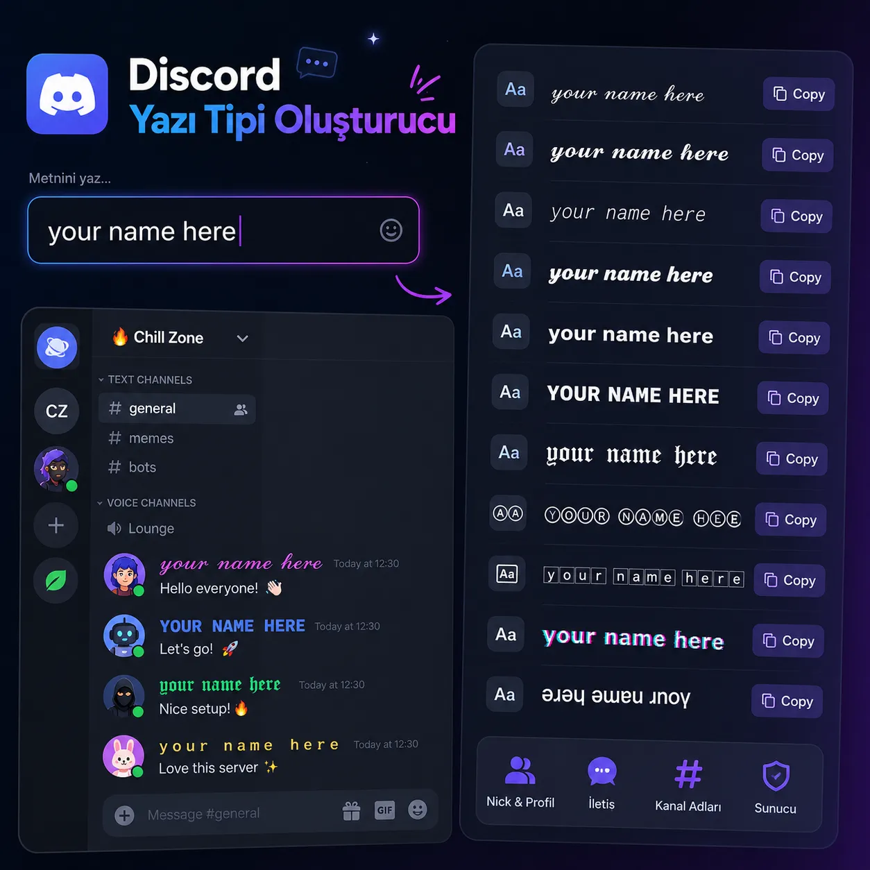 Şık takma ad ve mesaj gösteren bir Discord sohbet örneği