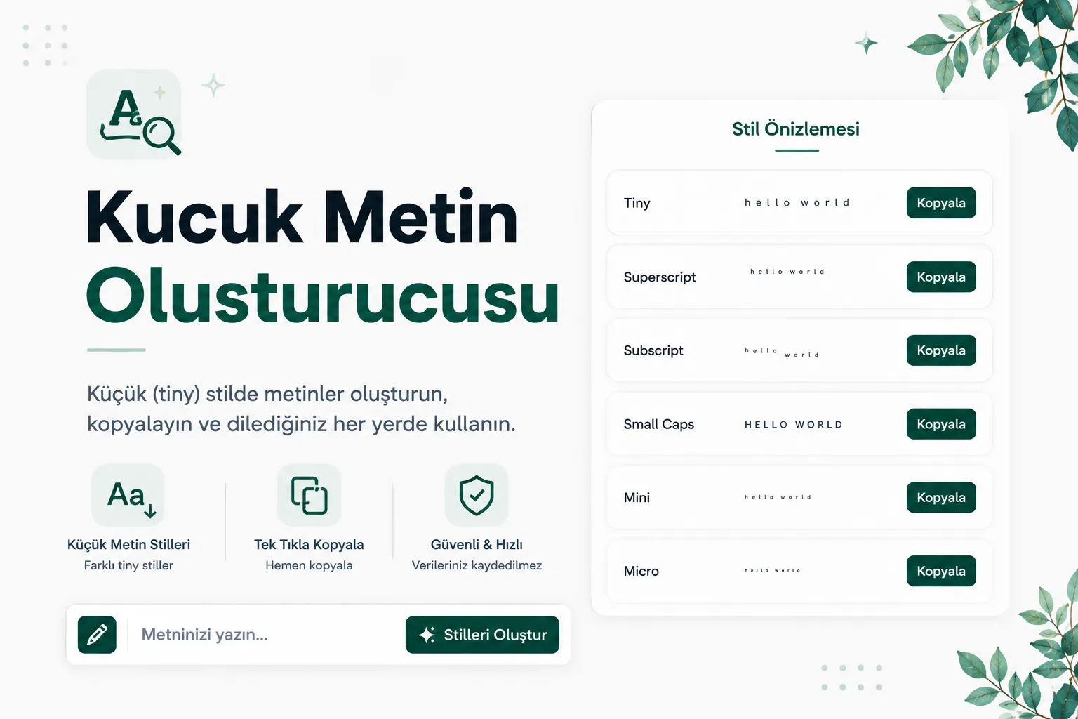 The word Tiny şu stillerde gösterilmiş: small caps, superscript and subscript styles